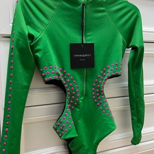 Cynthia Rowely Matrix Cutout Surfsuit, Size Small, Lime Green with Pink Detail